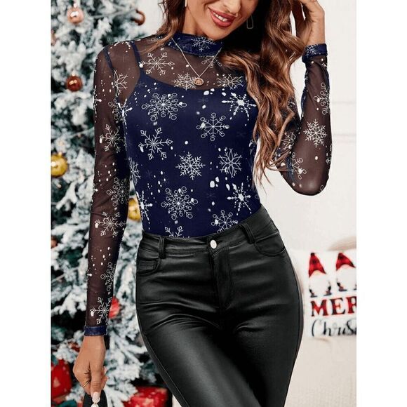 ❄️ Snowflake Print ️Long Sleeve Mock Neck Navy Blue Sheer Mesh Top SIZE L NEW - Picture 3 of 11